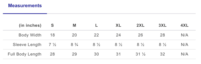 Measurement chart for clothing sizes S to 4XL with body width, sleeve length, and full body length in inches.