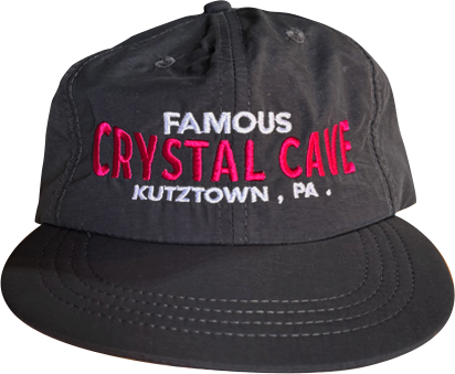 Black cap with 'Famous Crystal Cave Kutztown, PA' text on a white background