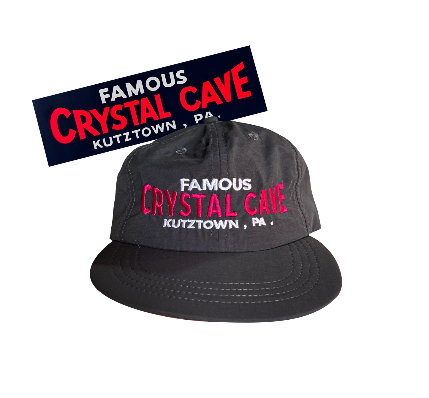 Black cap with 'Famous Crystal Cave Kutztown, PA' text on a white background
