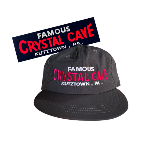 Black cap with 'Famous Crystal Cave Kutztown, PA' text on a white background