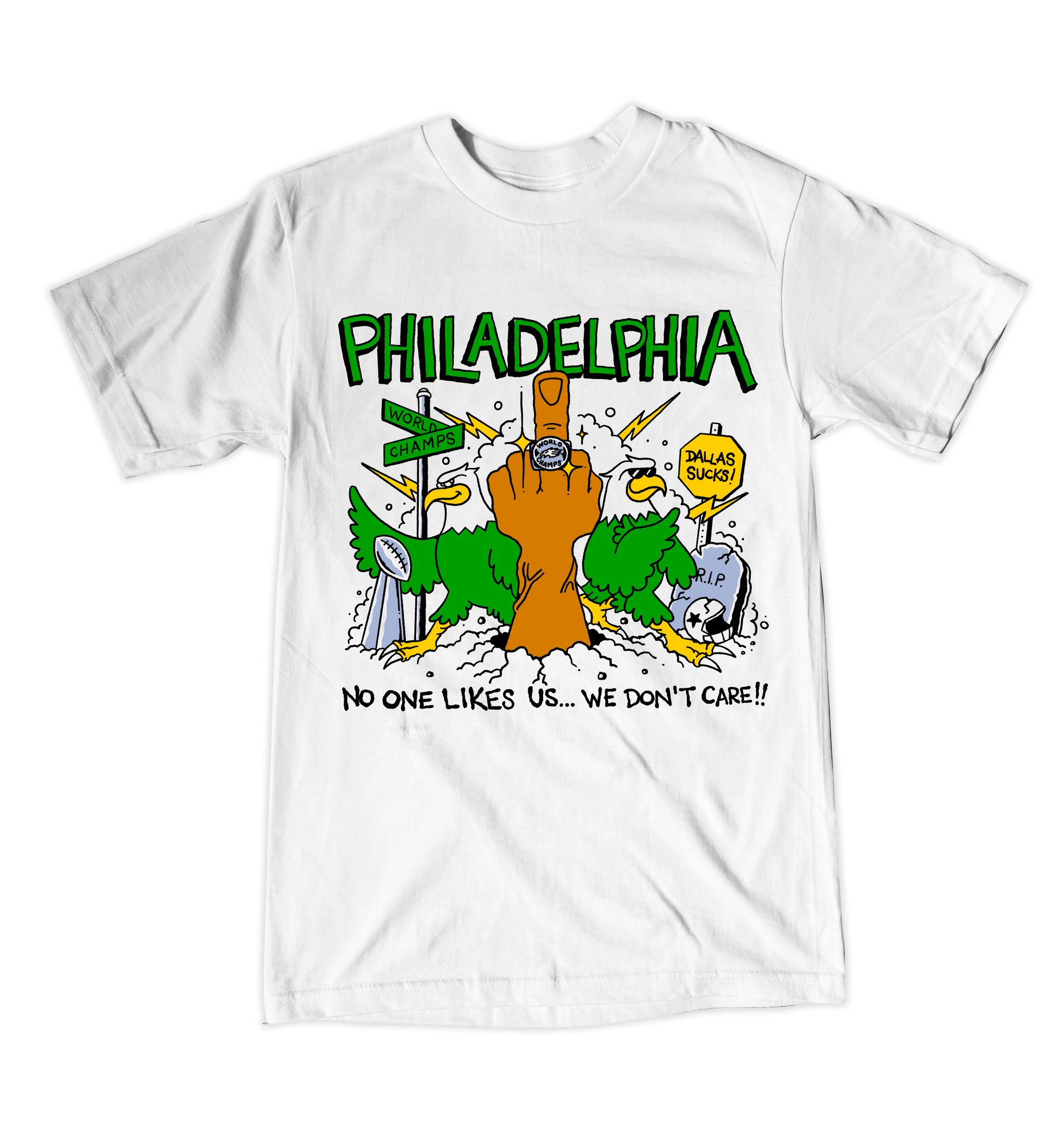 White t-shirt with colorful graphic design and text on a white background