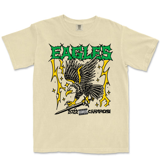 Beige t-shirt with eagle graphic and 'EAGLES' text on a white background