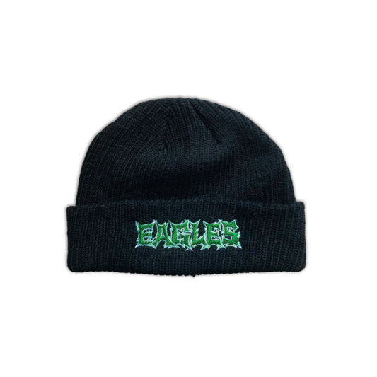Black beanie with green 'EAGLES' logo on a white background