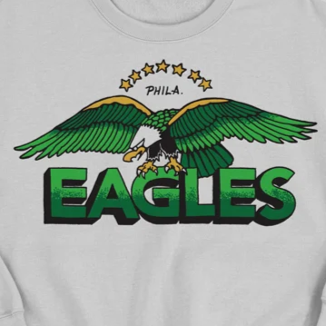 Grey sweatshirt with green eagle graphic and 'EAGLES' text