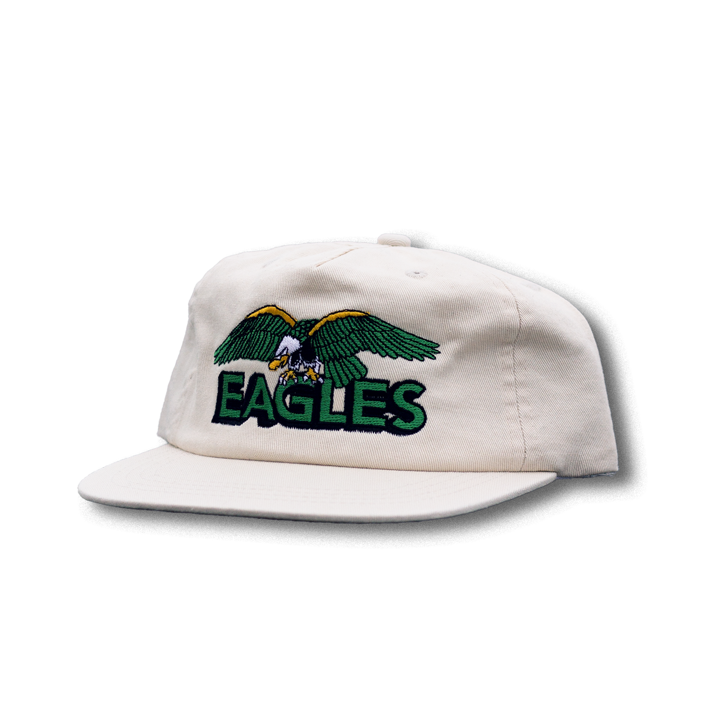White cap with green and yellow eagle design and 'EAGLES' text on a white background