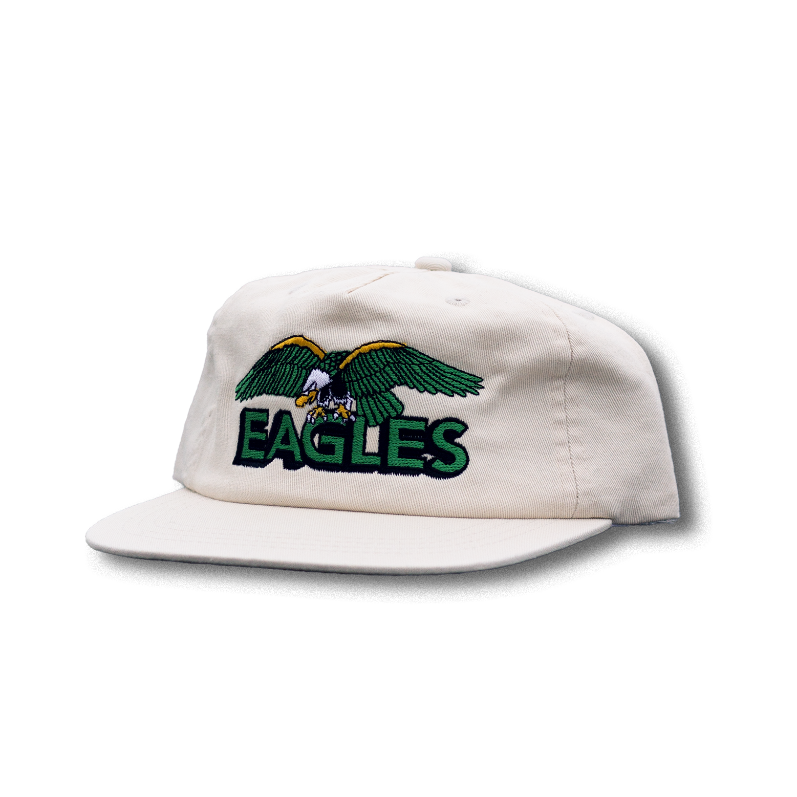 White cap with green and yellow eagle design and 'EAGLES' text on a white background
