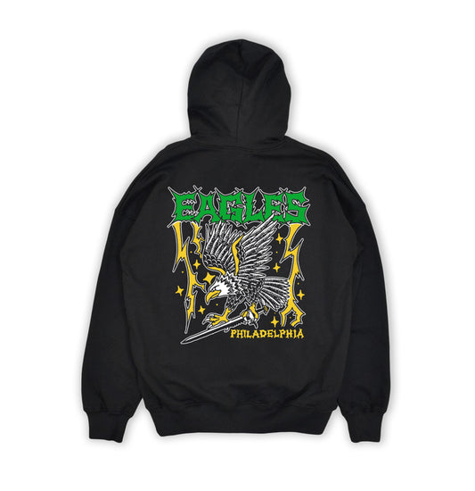Black hoodie with an eagle graphic and text on the back, on a white background