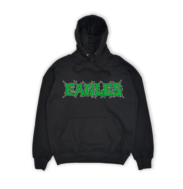 Black hoodie with green and white text on a white background