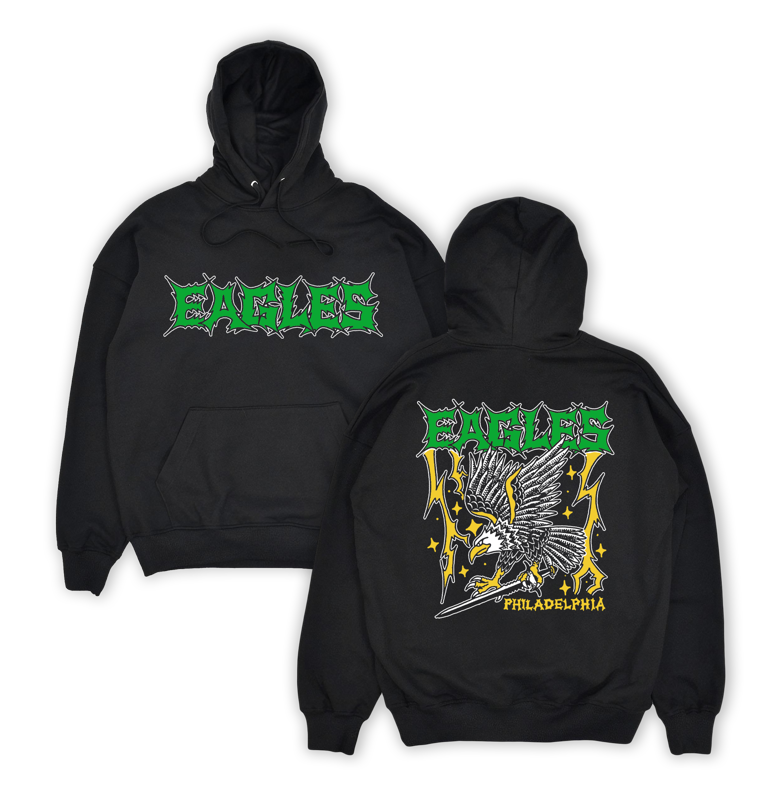 Black hoodie with 'Eagles' logo on front and back, featuring an eagle design.