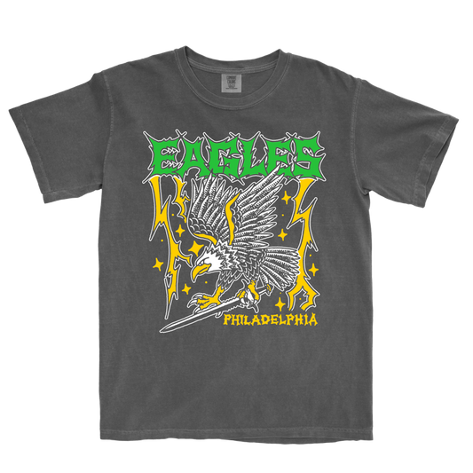Gray t-shirt with an eagle graphic and text on a white background