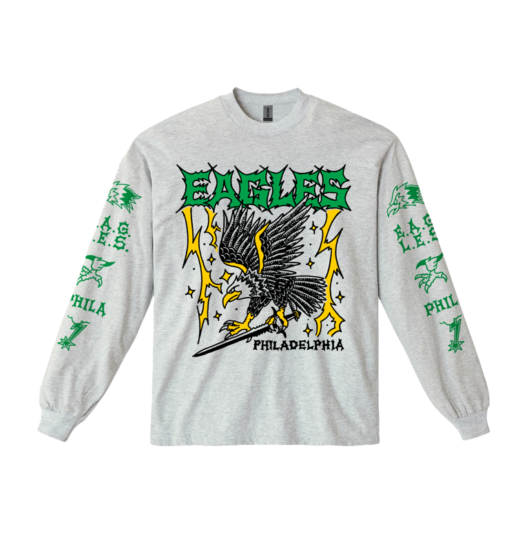Gray long-sleeve shirt with Eagles graphic design on a white background