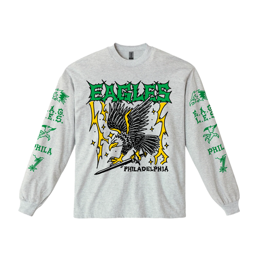 Gray long-sleeve shirt with Eagles graphic design on a white background