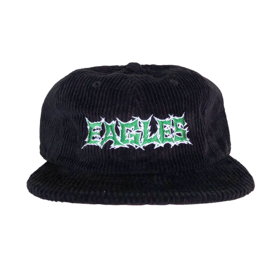 Black corduroy bucket hat with 'EAGLES' logo in green and white