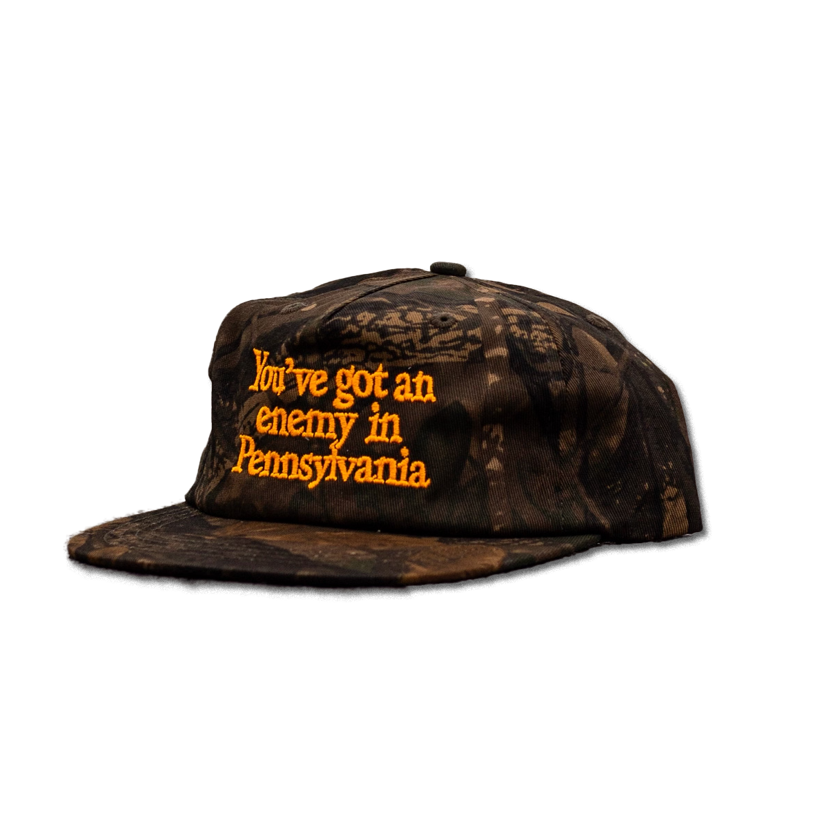 Camouflage cap with text 'You've got an enemy in Pennsylvania' on a white background