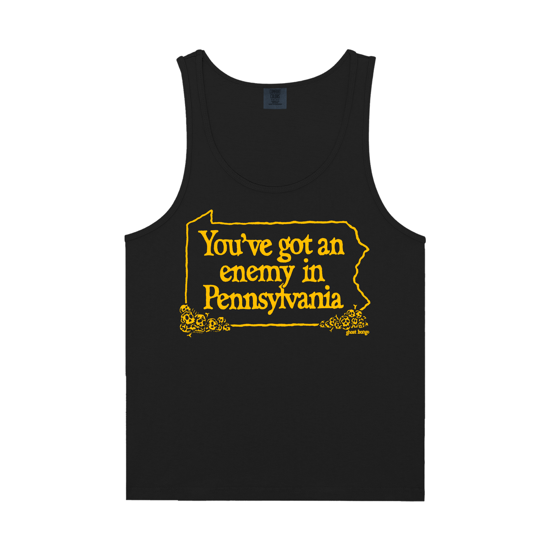 Black tank top with yellow text 'You've got an enemy in Pennsylvania' and state outline on a white background