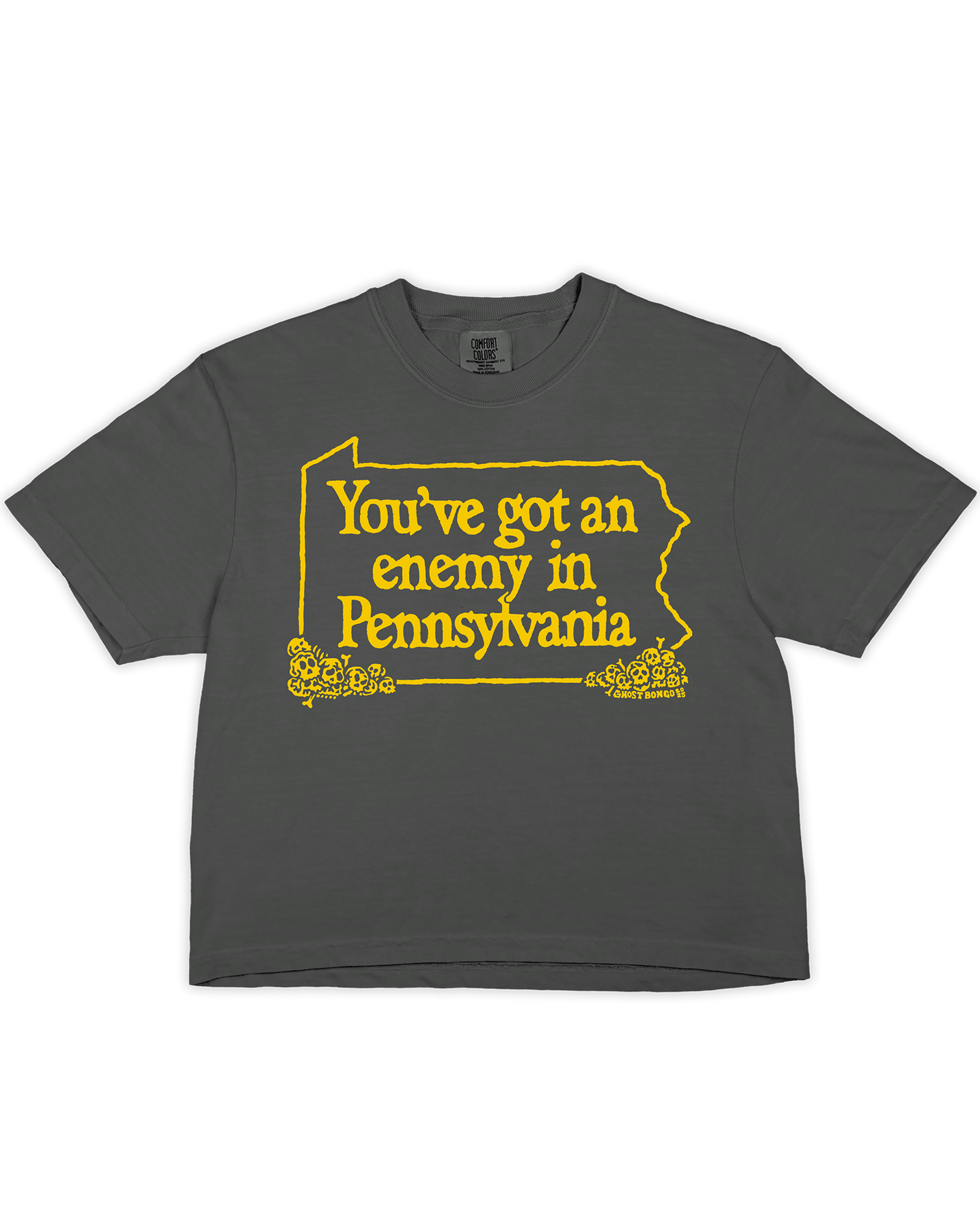 Gray t-shirt with yellow text "You've got an enemy in Pennsylvania" and graphic on a white background
