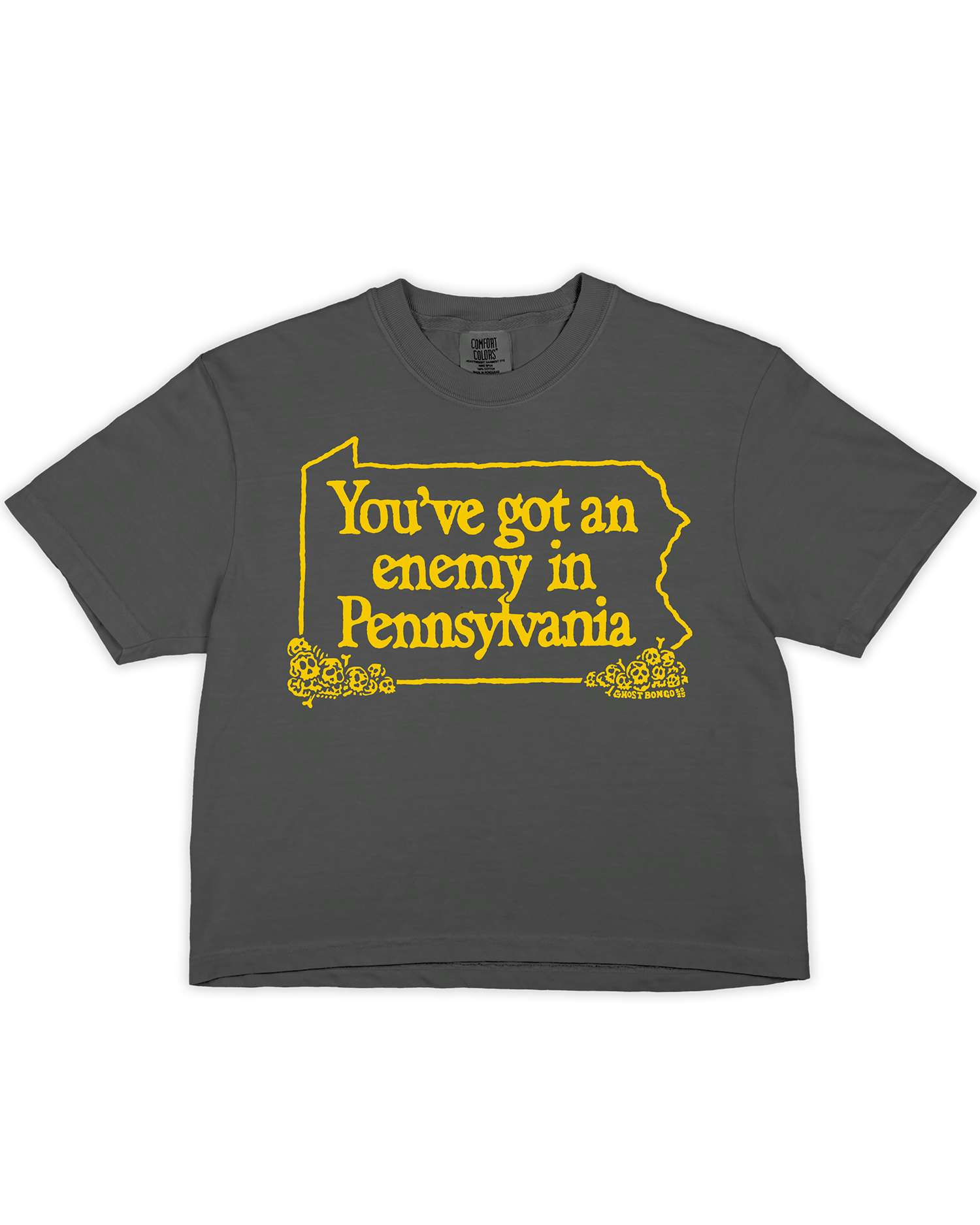 Gray t-shirt with yellow text "You've got an enemy in Pennsylvania" and graphic on a white background