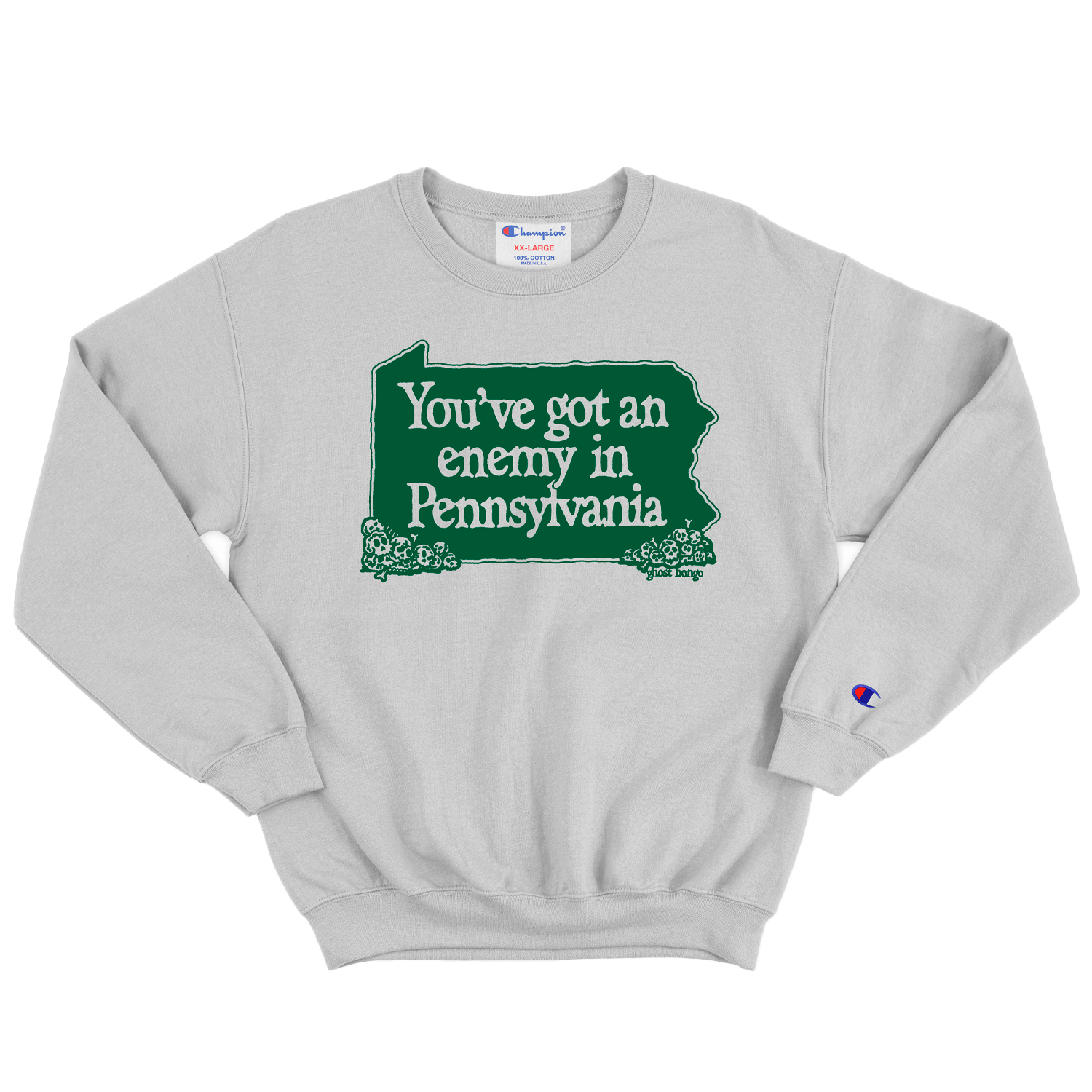 Gray sweatshirt with green graphic and text 'You've got an enemy in Pennsylvania'