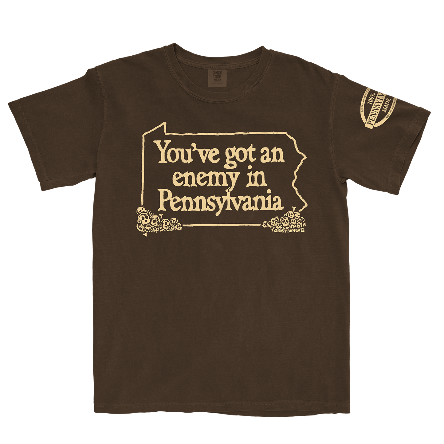 Brown t-shirt with yellow text "You've got an enemy in Pennsylvania" and graphics on a white background