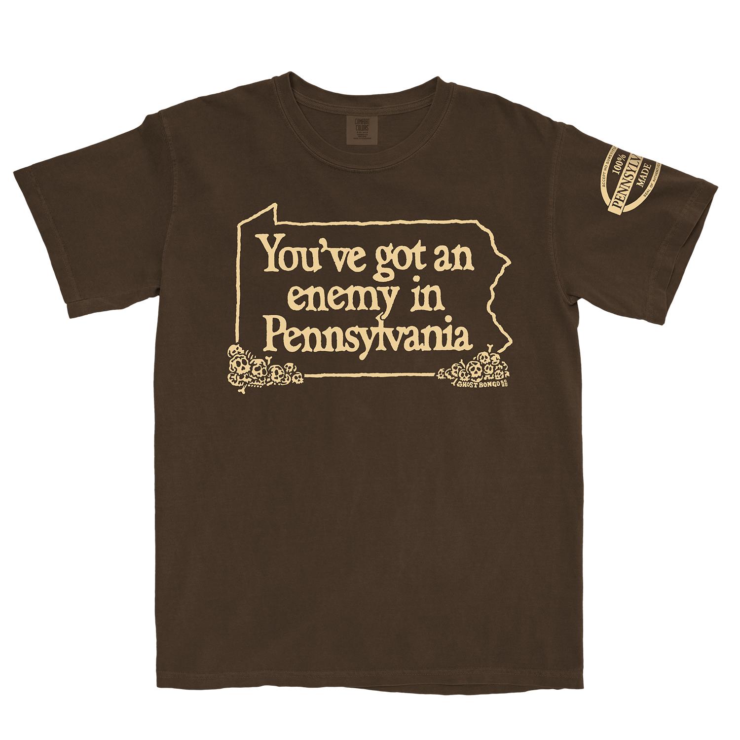 Brown t-shirt with yellow text "You've got an enemy in Pennsylvania" and graphics on a white background