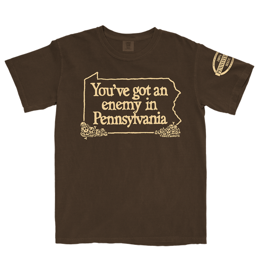 Brown t-shirt with yellow text "You've got an enemy in Pennsylvania" and graphics on a white background