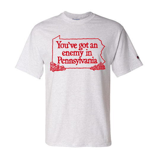 Grey t-shirt with red text 'You've got an enemy in Pennsylvania' on a transparent background