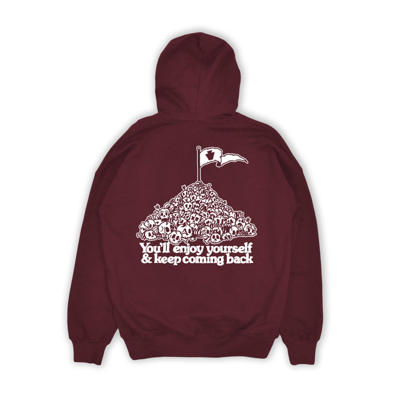 Maroon hoodie with white graphic and text 'You'll enjoy yourself & keep coming back' on a white background