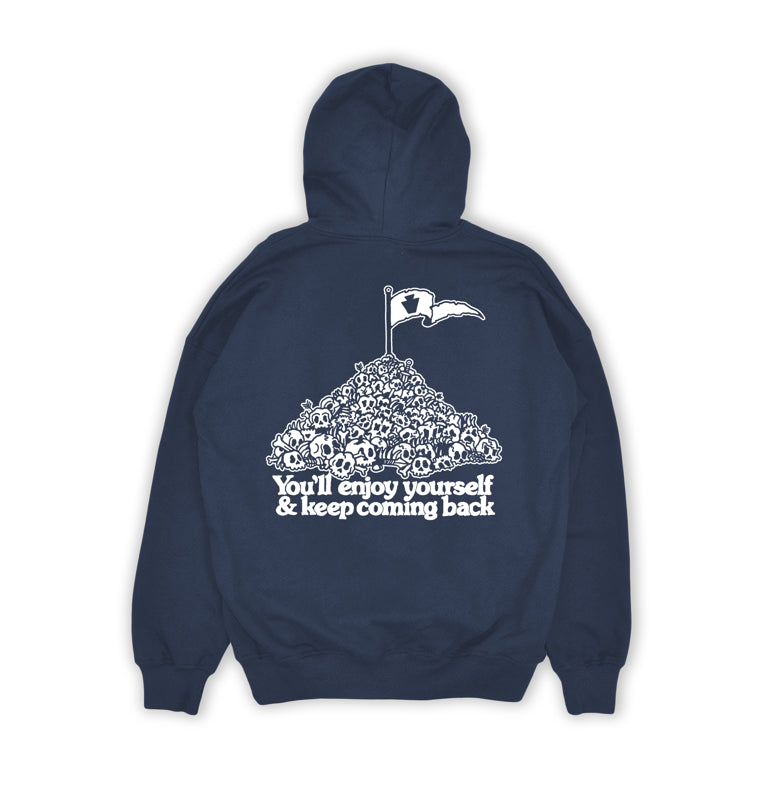 Navy blue hoodie with white graphic and text 'You'll enjoy yourself & keep coming back' on a white background