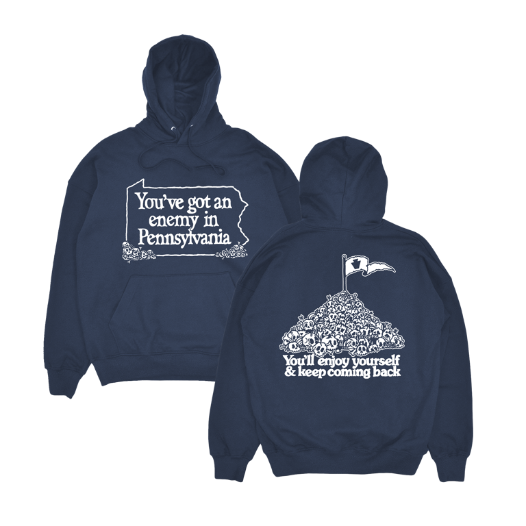 Navy blue hoodie with white text 'You've got an enemy in Pennsylvania' and graphics on front and back