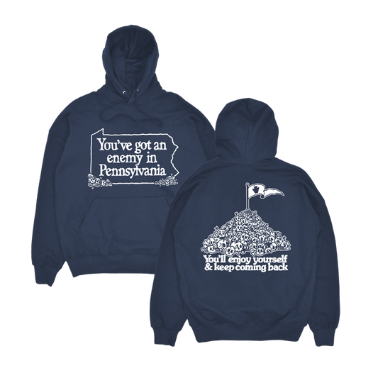 Navy blue hoodie with white text 'You've got an enemy in Pennsylvania' and graphics on front and back