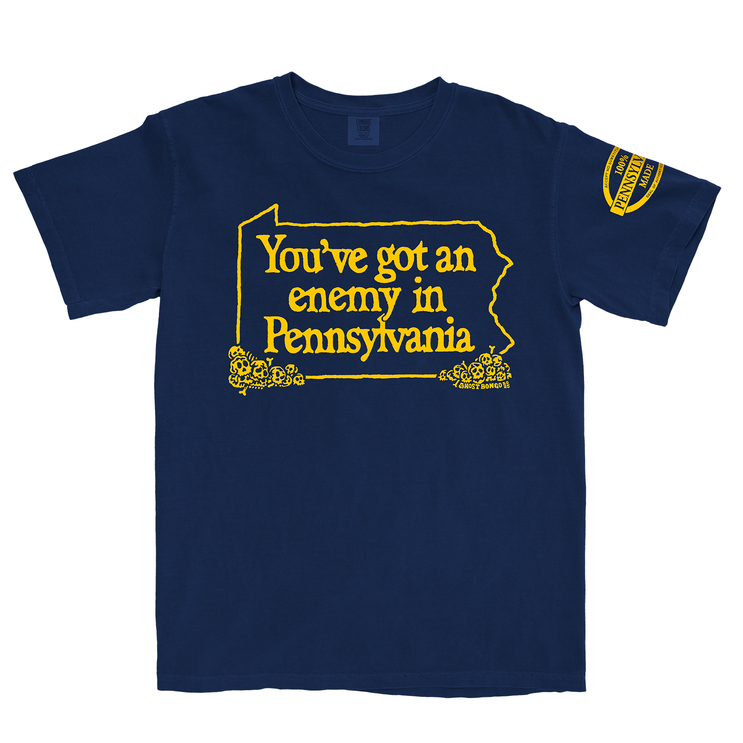 Navy blue t-shirt with yellow text "You've got an enemy in Pennsylvania" and design on a white background