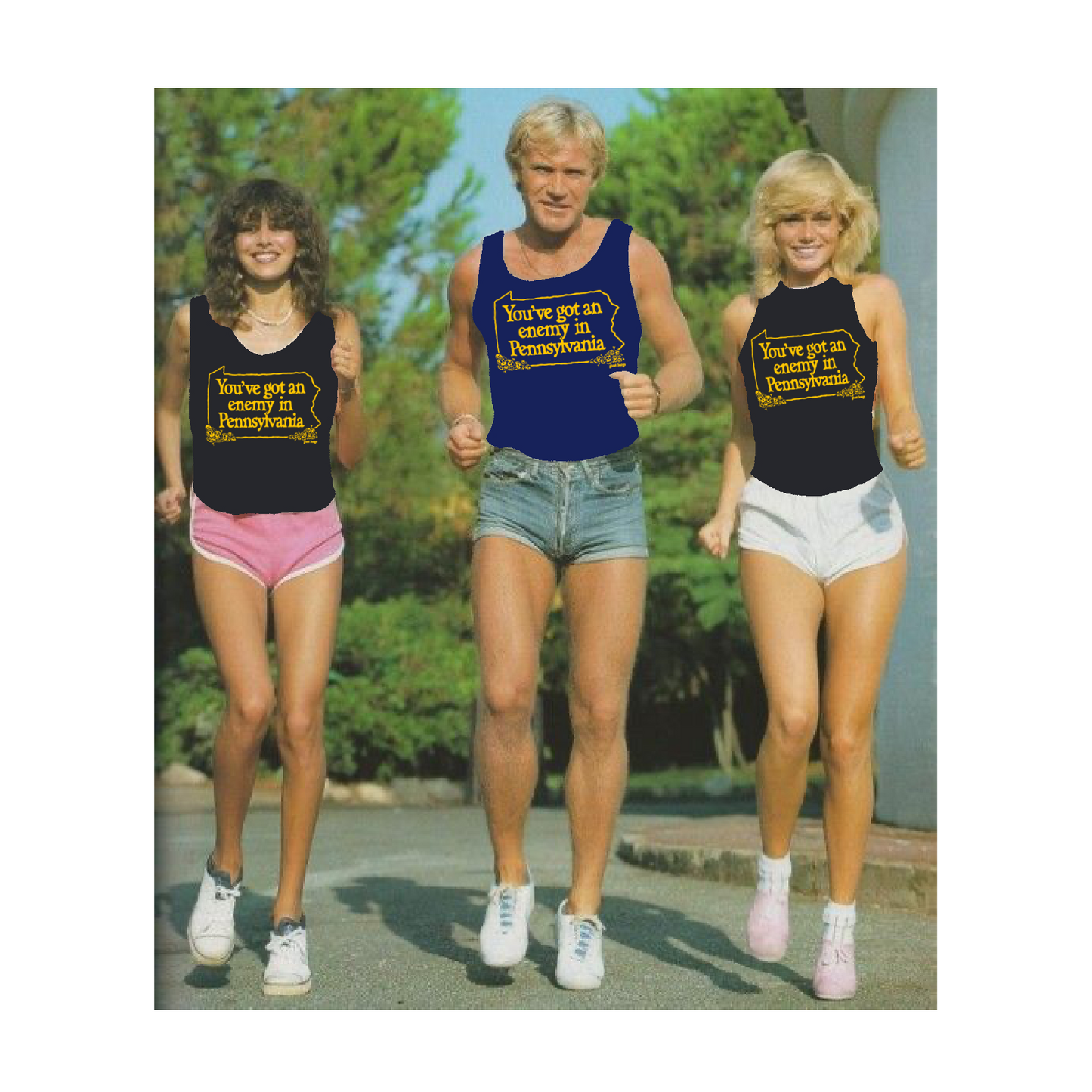 Three people in vintage running gear with text 'You've got an enemy in Pennsylvania' on their shirts outdoors.