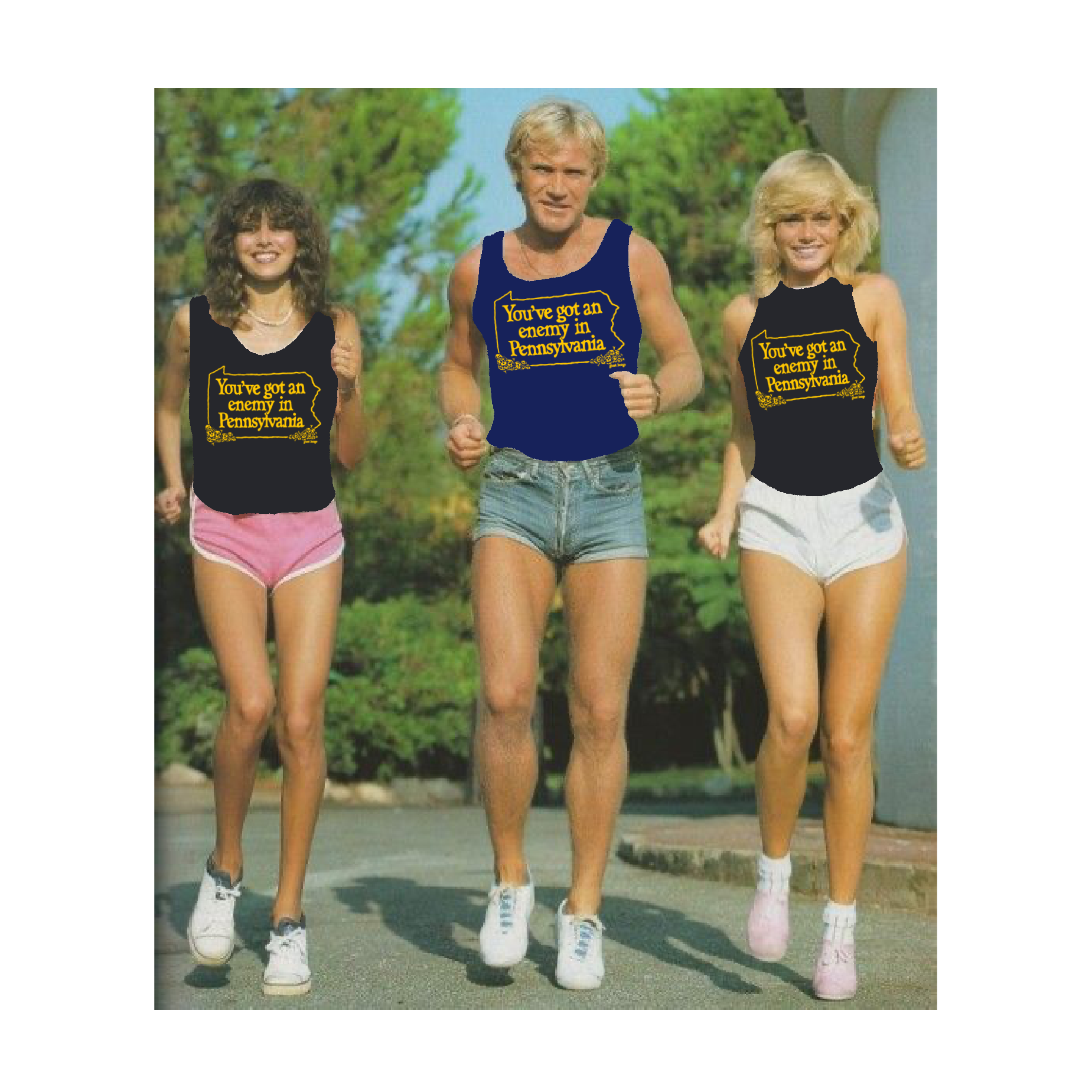Three people in vintage running gear with text 'You've got an enemy in Pennsylvania' on their shirts outdoors.