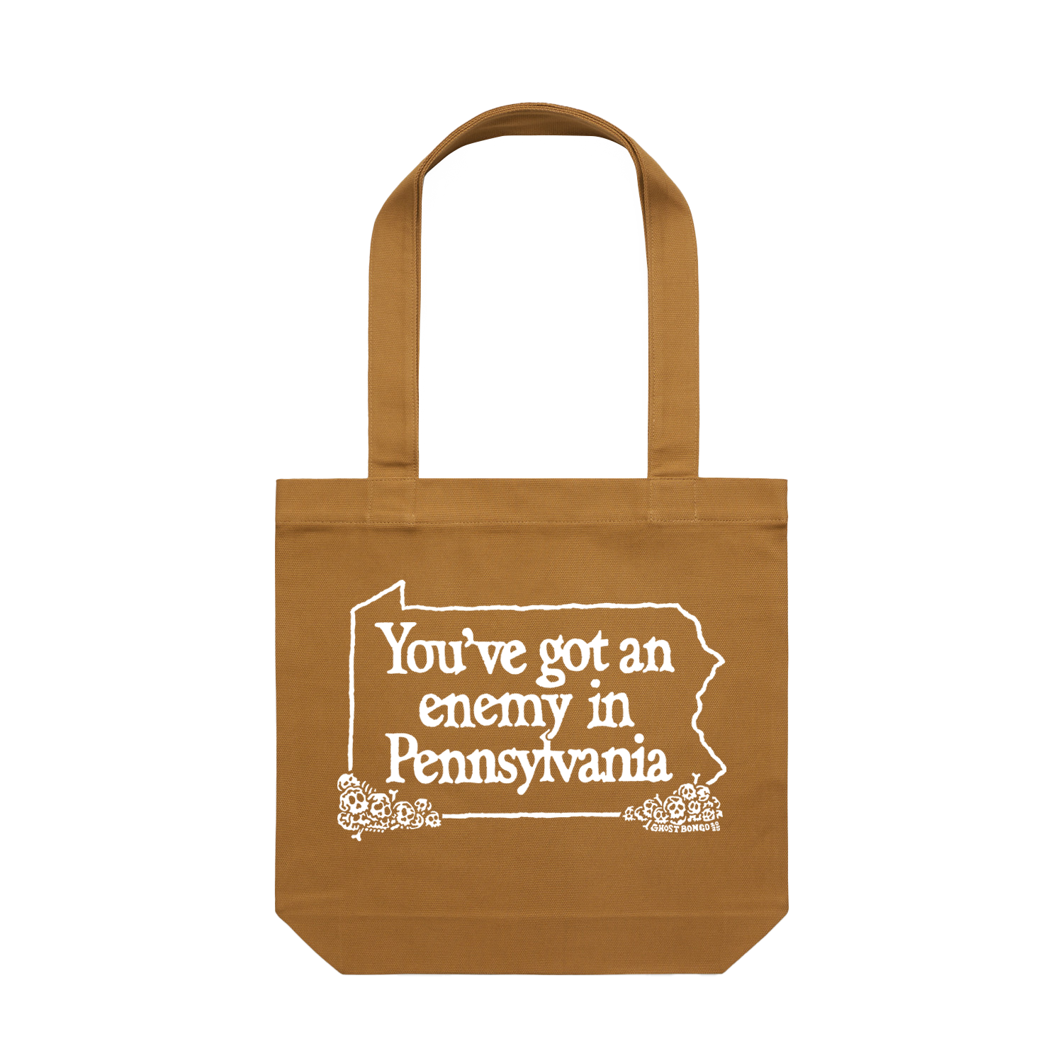 Brown tote bag with white text "you've got an enemy in Pennsylvania" and design
