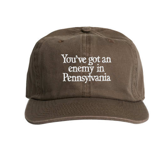Brown cap with white text 'You've got an enemy in Pennsylvania' on a transparent background