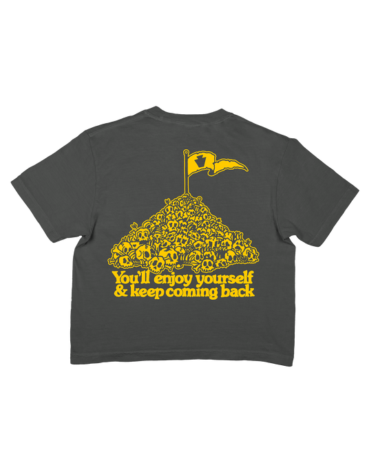 Gray t-shirt with yellow graphic and text "You'll enjoy yourself & keep coming back"
