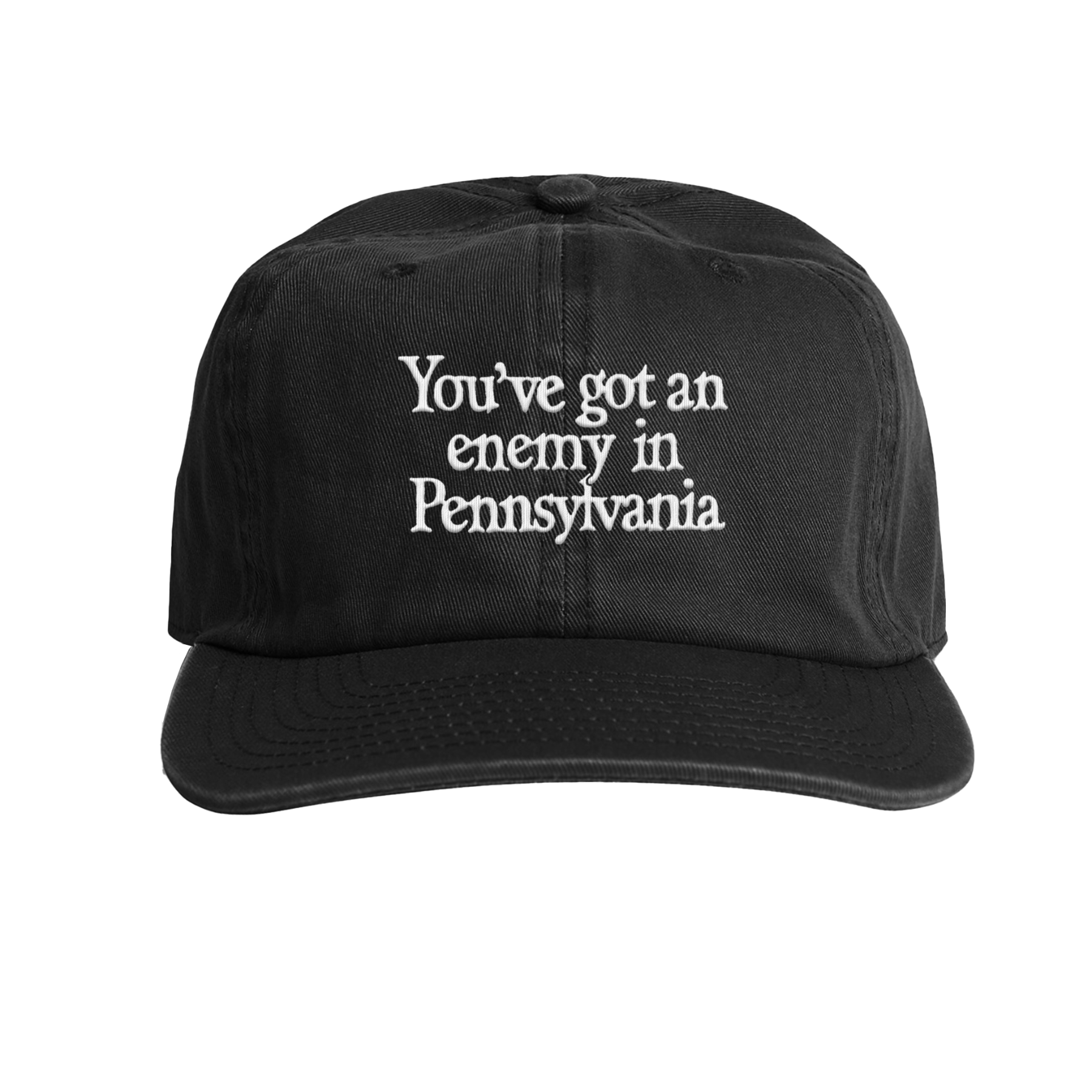 Black cap with white text 'You've got an enemy in Pennsylvania' on a transparent background