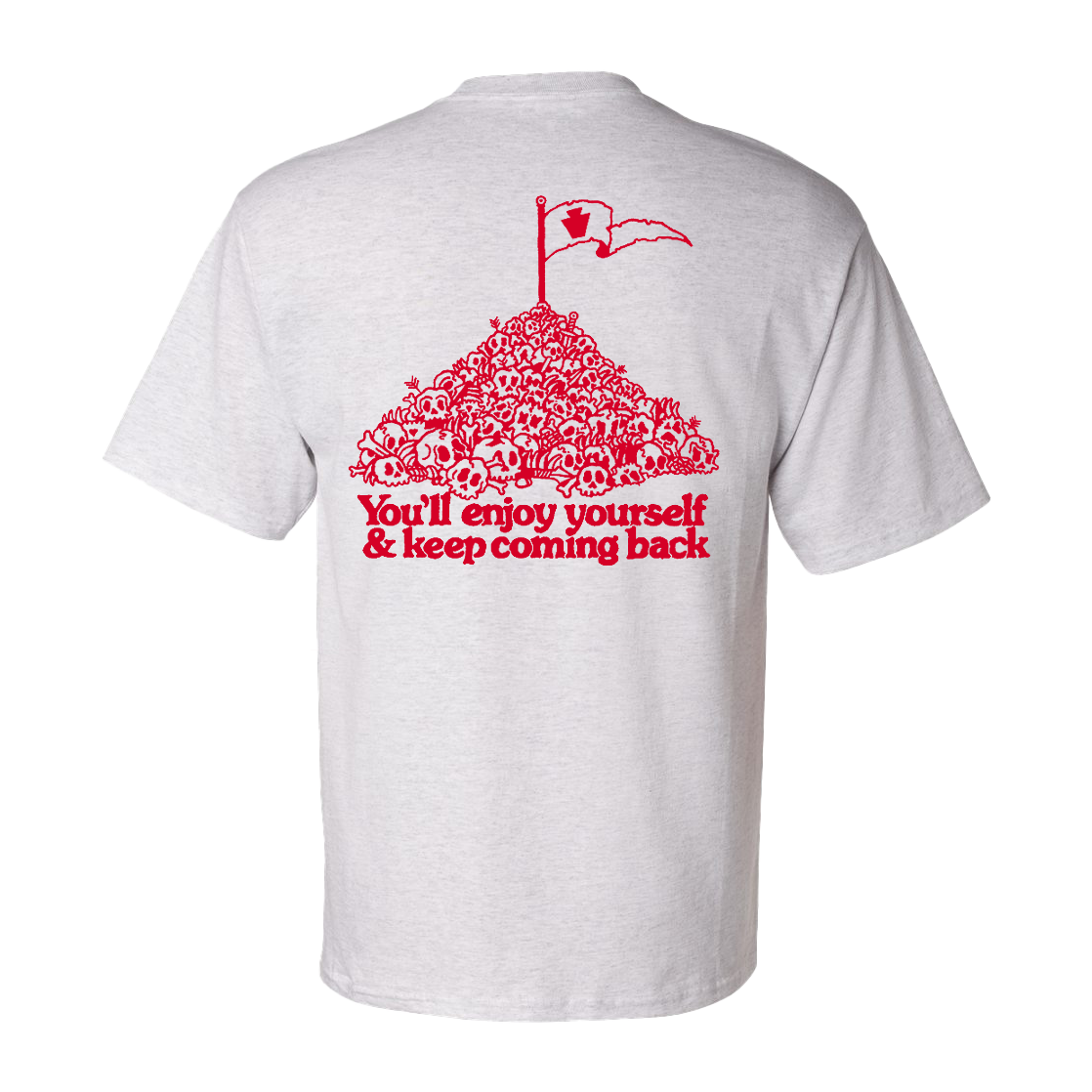 White t-shirt with red graphic and text on a white background