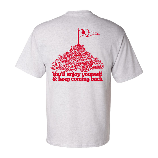 White t-shirt with red graphic and text on a white background