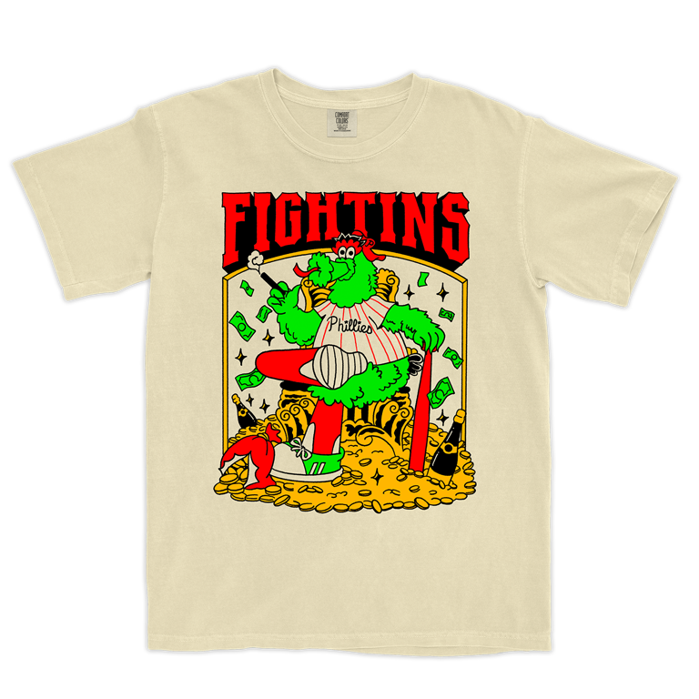 Beige t-shirt with colorful graphic design featuring a character and 'FIGHTINS' text on a white background.
