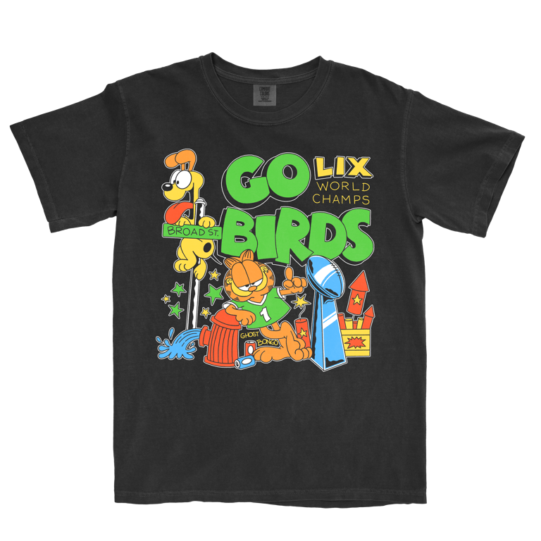 Black t-shirt with colorful Garfield graphic and text