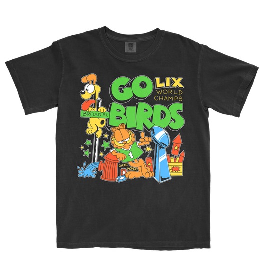 Black t-shirt with colorful Garfield graphic and text