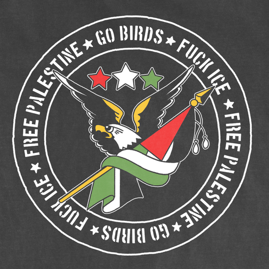 Black t-shirt with graphic design and text on a white background