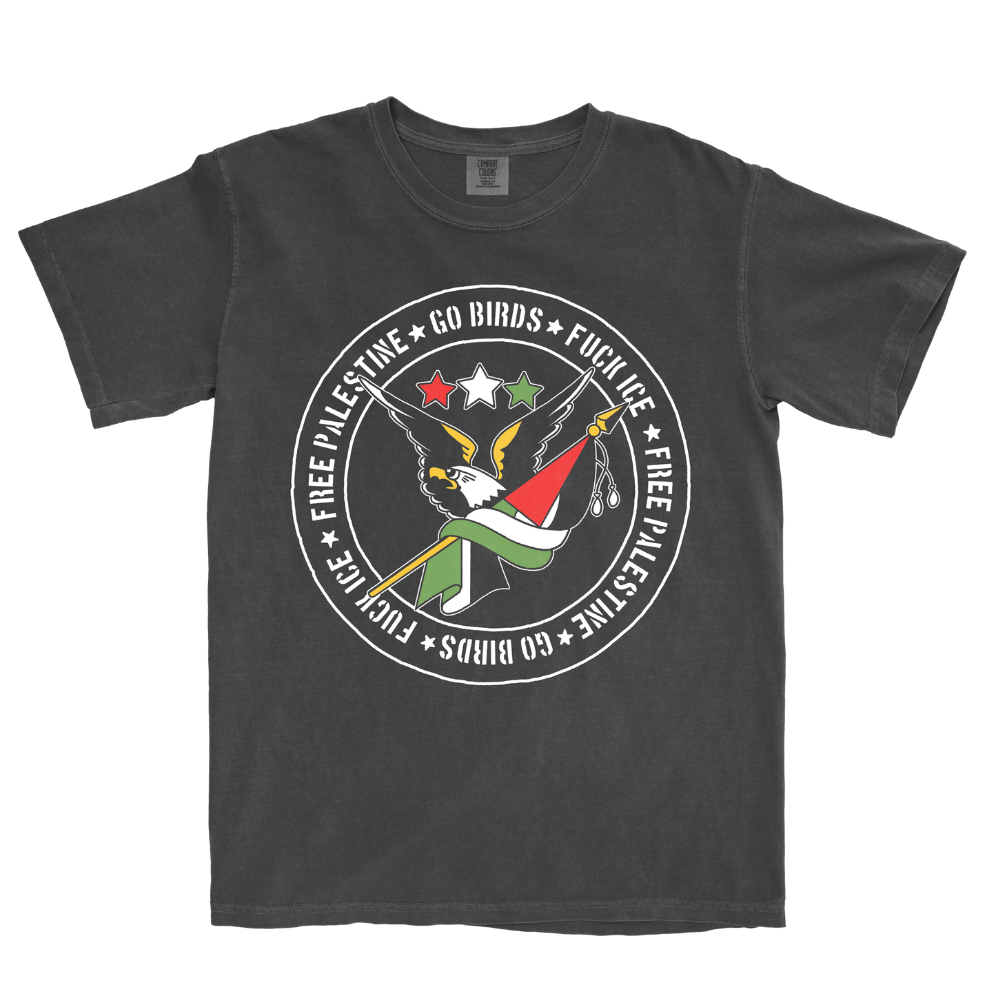 Black t-shirt with graphic design and text