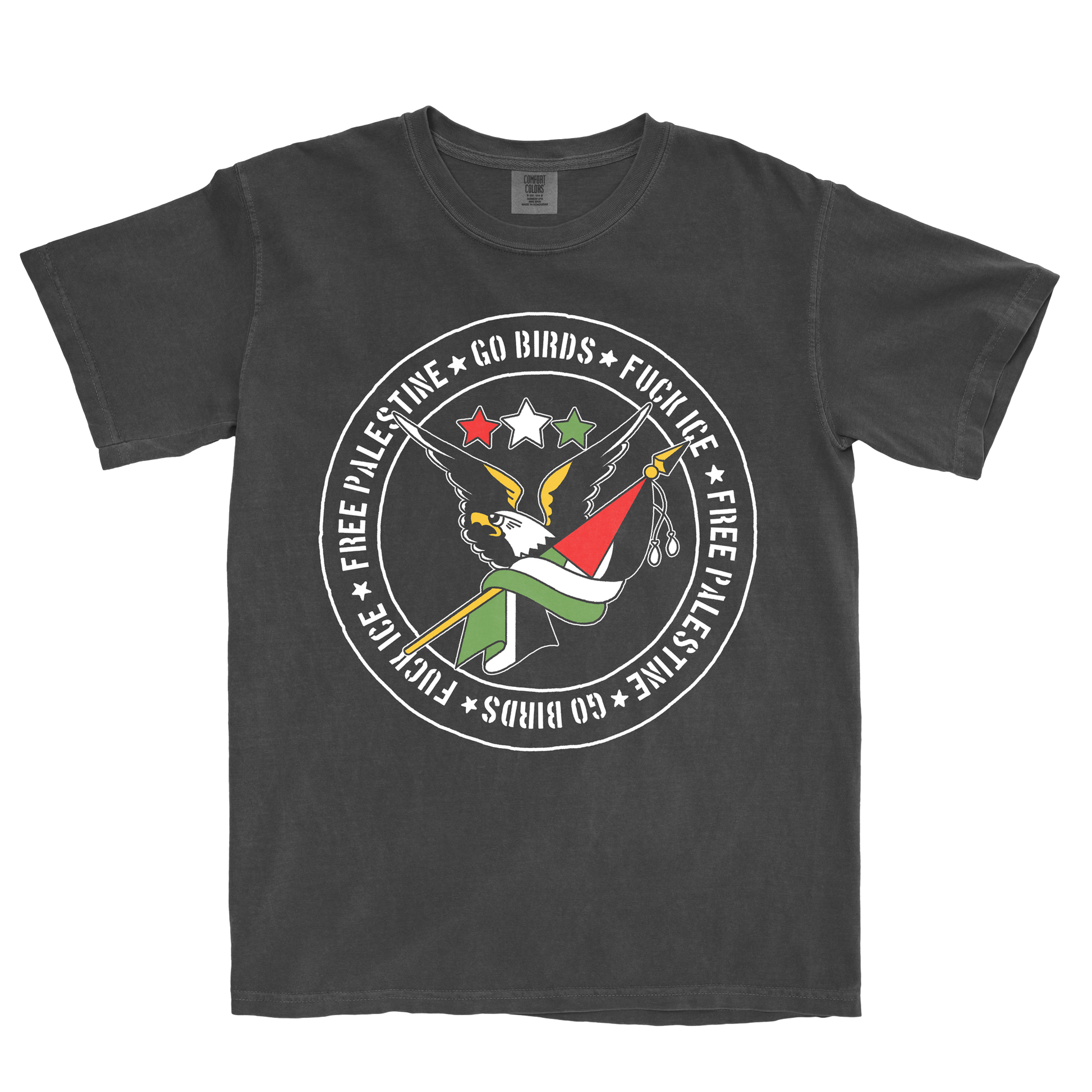 Black t-shirt with graphic design and text
