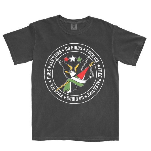 Black t-shirt with graphic design and text