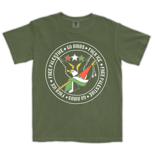 Green t-shirt with graphic design and text on a white background