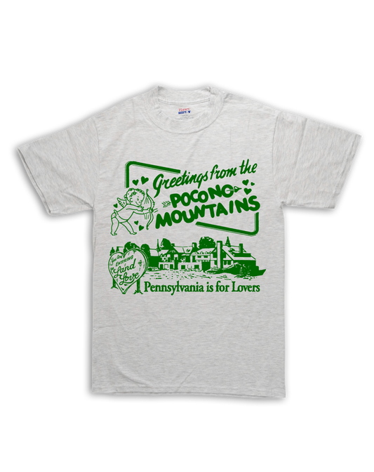 Gray t-shirt with green graphic design on a white background