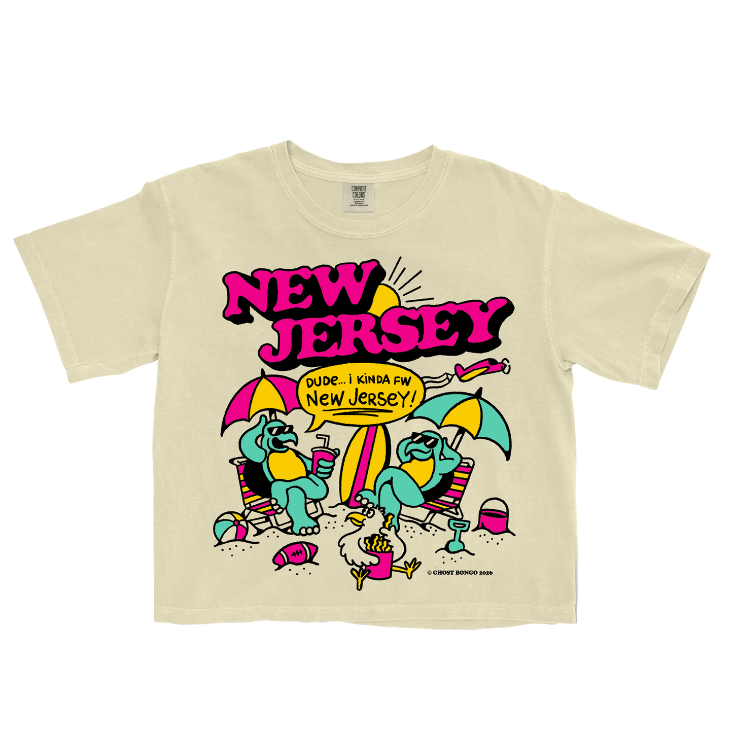 Beige t-shirt with 'New Jersey' graphic design featuring cartoon characters and text on a white background.