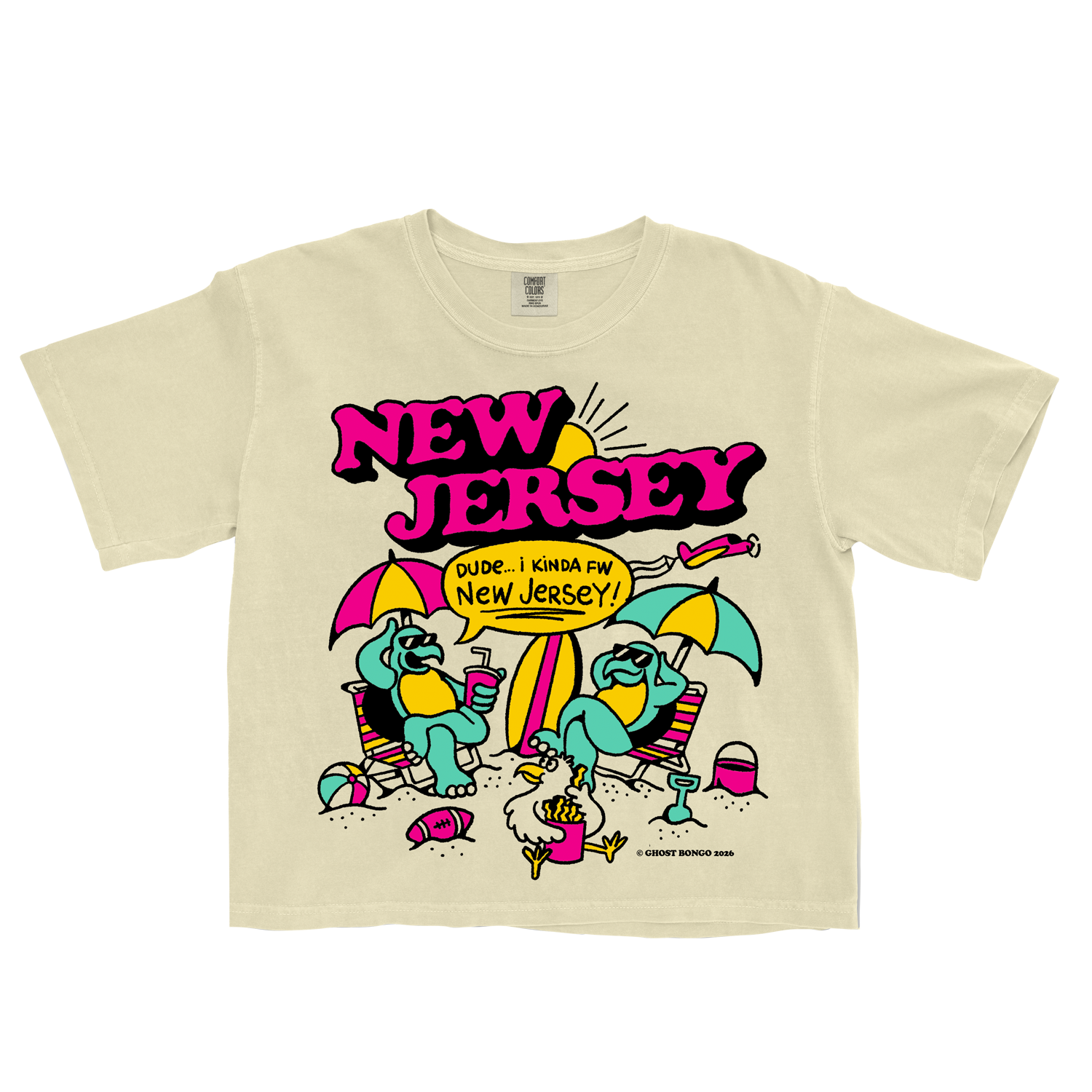 Beige t-shirt with 'New Jersey' graphic design featuring cartoon characters and text on a white background.